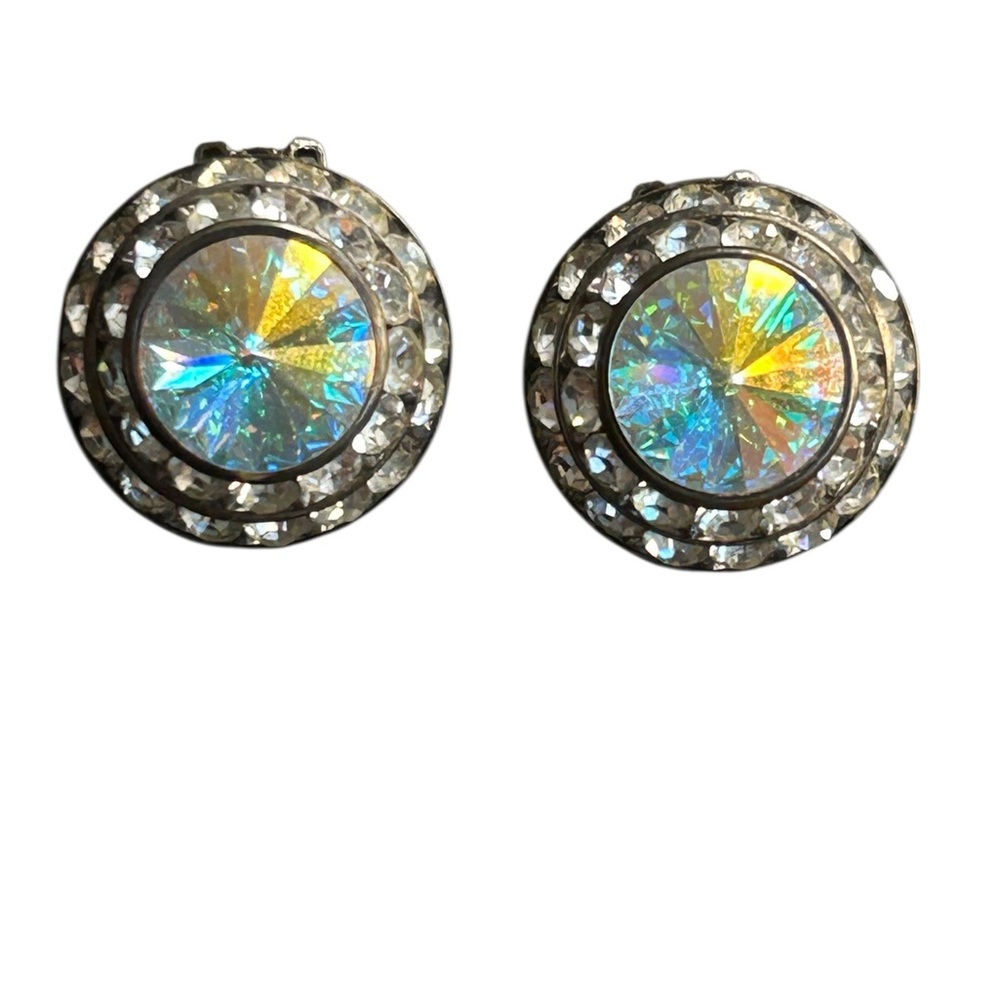Vintage Mister Bijoux Rivoli AB Rhinestone Clip Earrings Statement Signed